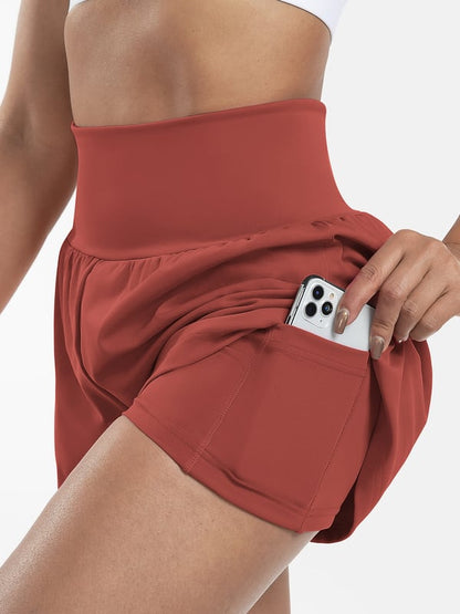 Pantaloni scurți de yoga 2 în 1 cu talie înaltă și buzunare laterale