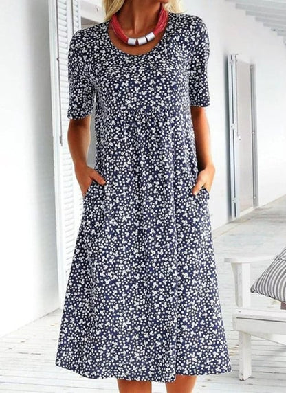 🔥 Vânzare Fierbinte 🎁 Rochie Casual pentru Femei cu Guler Rotund și Flori (cu buzunare),6 Culori
