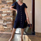 Moda femeilor culoare solidă V-Neck buton vrac rochie