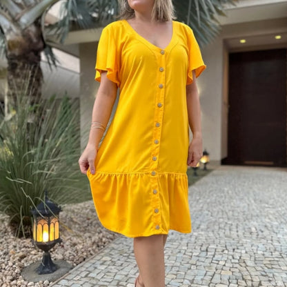 Moda femeilor culoare solidă V-Neck buton vrac rochie