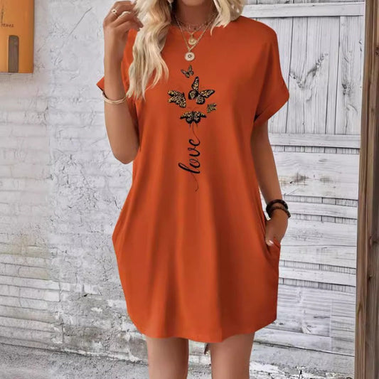 🔥 Rochie casual cu gât rotund și fluturi brodați